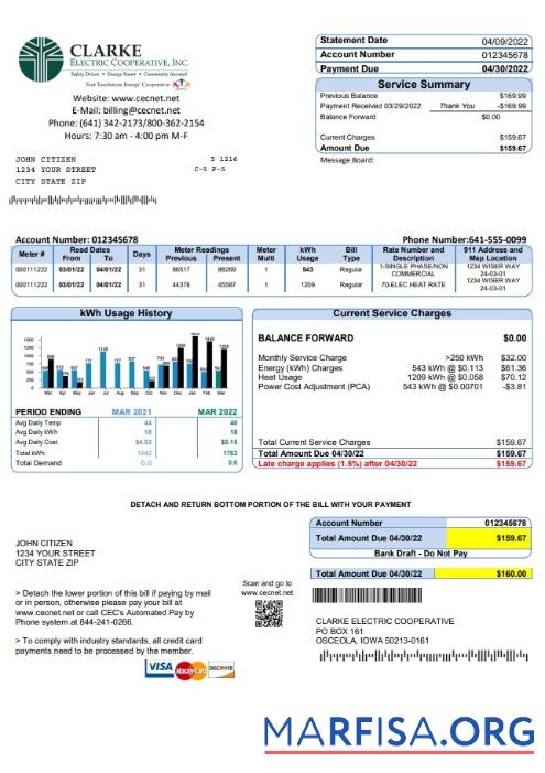Blank USA Iowa Clarke Electric Cooperative, Inc utility bill template in Word and PDF format
